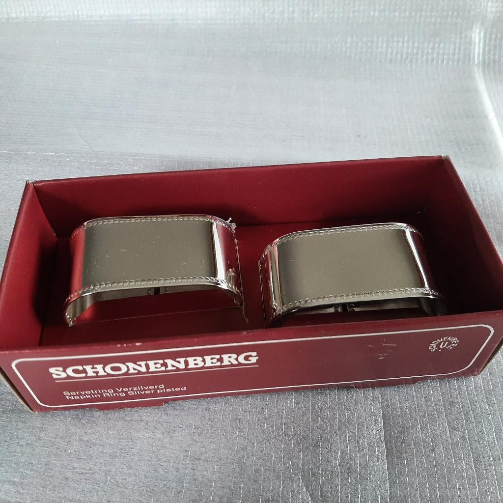 2 verzilverde servetringen in doosje Schonenberg, Ophalen, Zilver, Metaal, Overige typen