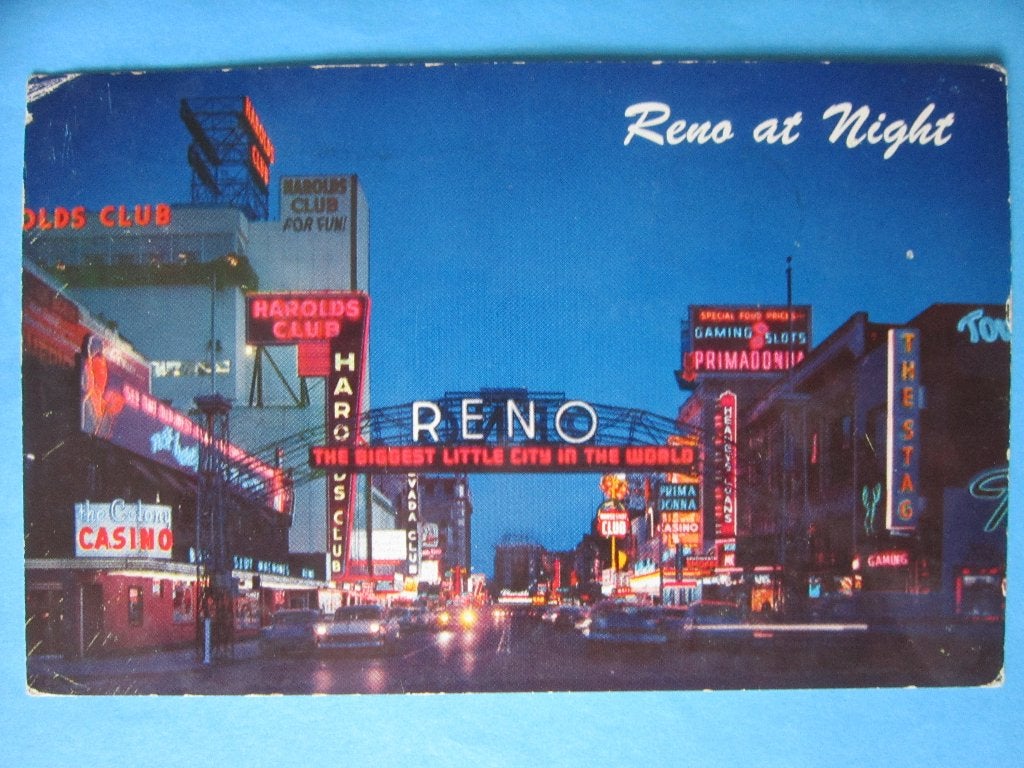 Ansichtkaart: Reno at Night. Nevada, Amerika., Verzamelen, Ansichtkaarten | Buitenland, Ophalen of Verzenden, 1960 tot 1980, Gelopen