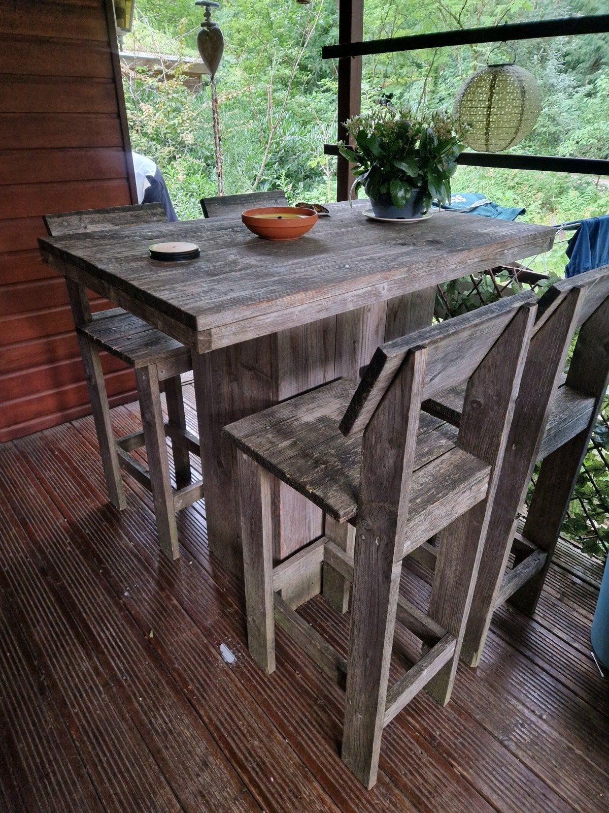 Steigerhouten bartafel met 4 krukken , 120 lang x 77 cm, Ophalen, Gebruikt, Steigerhout
