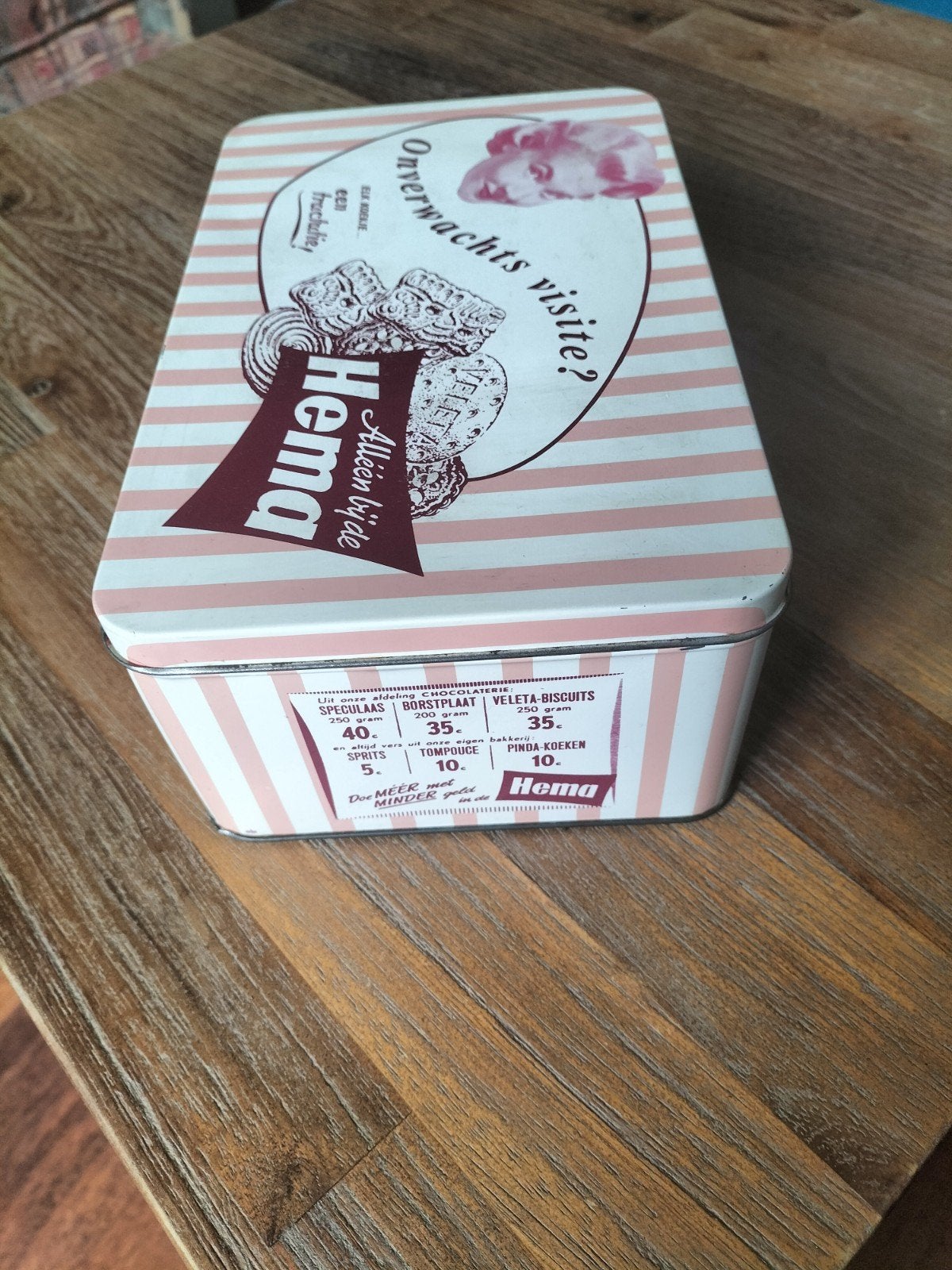 Vintage Hema koekblik - Onverwachts visite?, Verzamelen, Ophalen, Gebruikt, Koek(jes)
