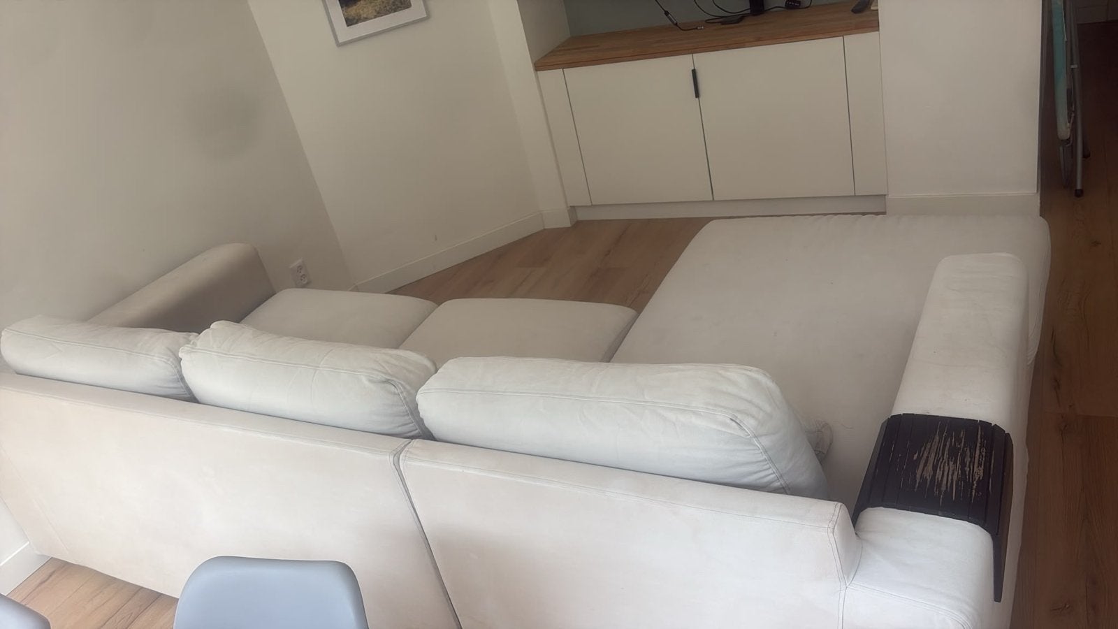 Lichtgrijze lounge hoekbank met chaise longue, Huis en Inrichting, Ophalen, Gebruikt, Hoekbank, Driepersoons