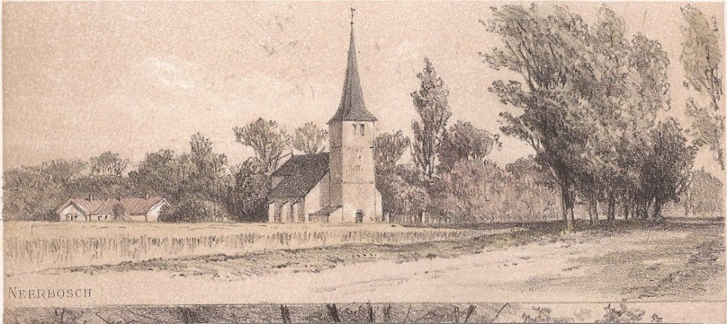 Neerbosch Dorpsgezicht met kerk Litho Schipperus ca. 1887, Antiek en Kunst, 6 cm, 1800 - 1899, Stadsgezicht, Ophalen of Verzenden