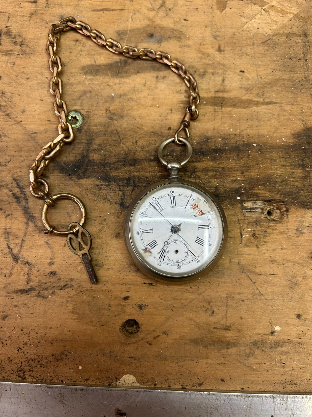 Antiek Zakhorloge met Ketting en Sleutel, Overige merken, Overige materialen, Zakhorloge, Ophalen of Verzenden
