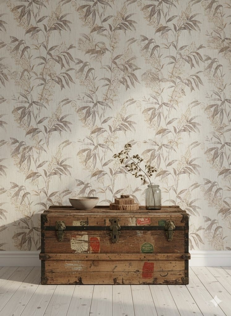 7057 zacht japandi botanisch vintage behang naturel tinten, Ophalen of Verzenden, Beige