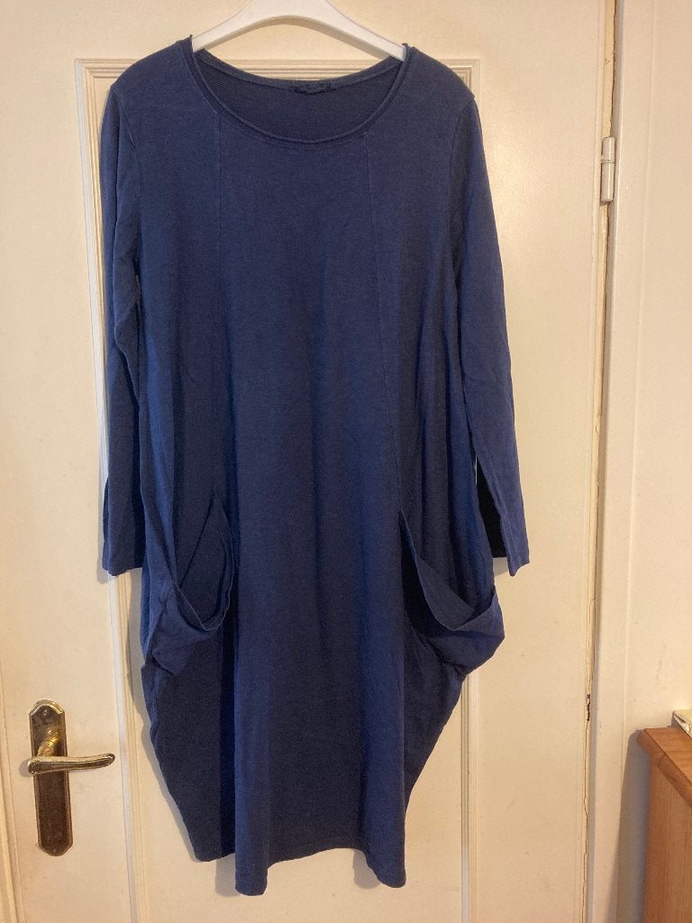 Aparte blauwe katoenen korte jurk van Made In Italy, maat L, Made in Italy, Maat 42/44 (L), Zo goed als nieuw, Onder de knie