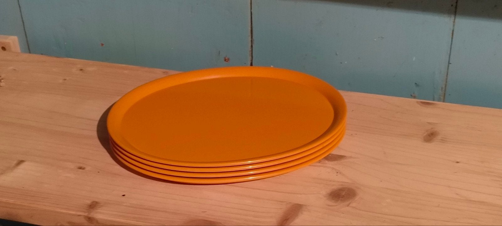 Set van 4 melamine borden, oranje, Kunststof, Gebruikt, Vintage, Ophalen of Verzenden