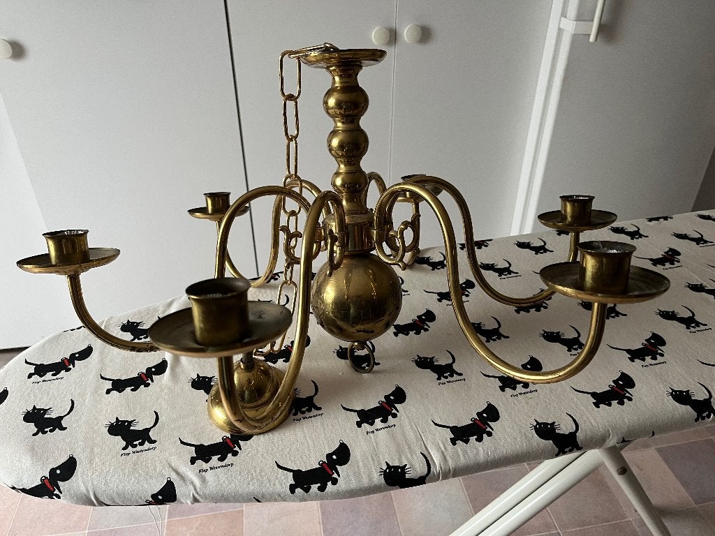 Vintage koperen Kroonluchter - 60 cm diameter, 90 cm hoog, Gebruikt, E14 (klein), Ophalen of Verzenden, Klassiek, Vintage, Antiek