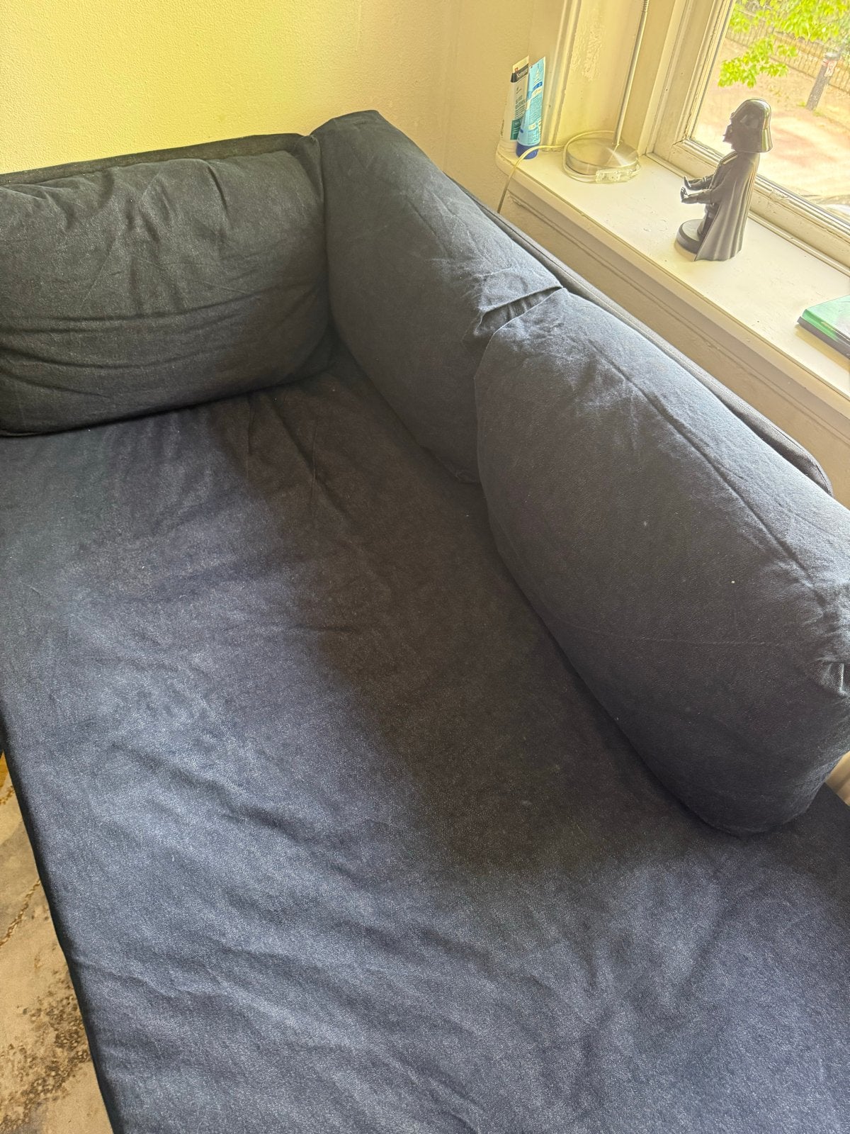 Comfortabele donkerblauwe chaise longue/slaapbank, Ophalen, Gebruikt, Eenpersoons, 150 tot 200 cm