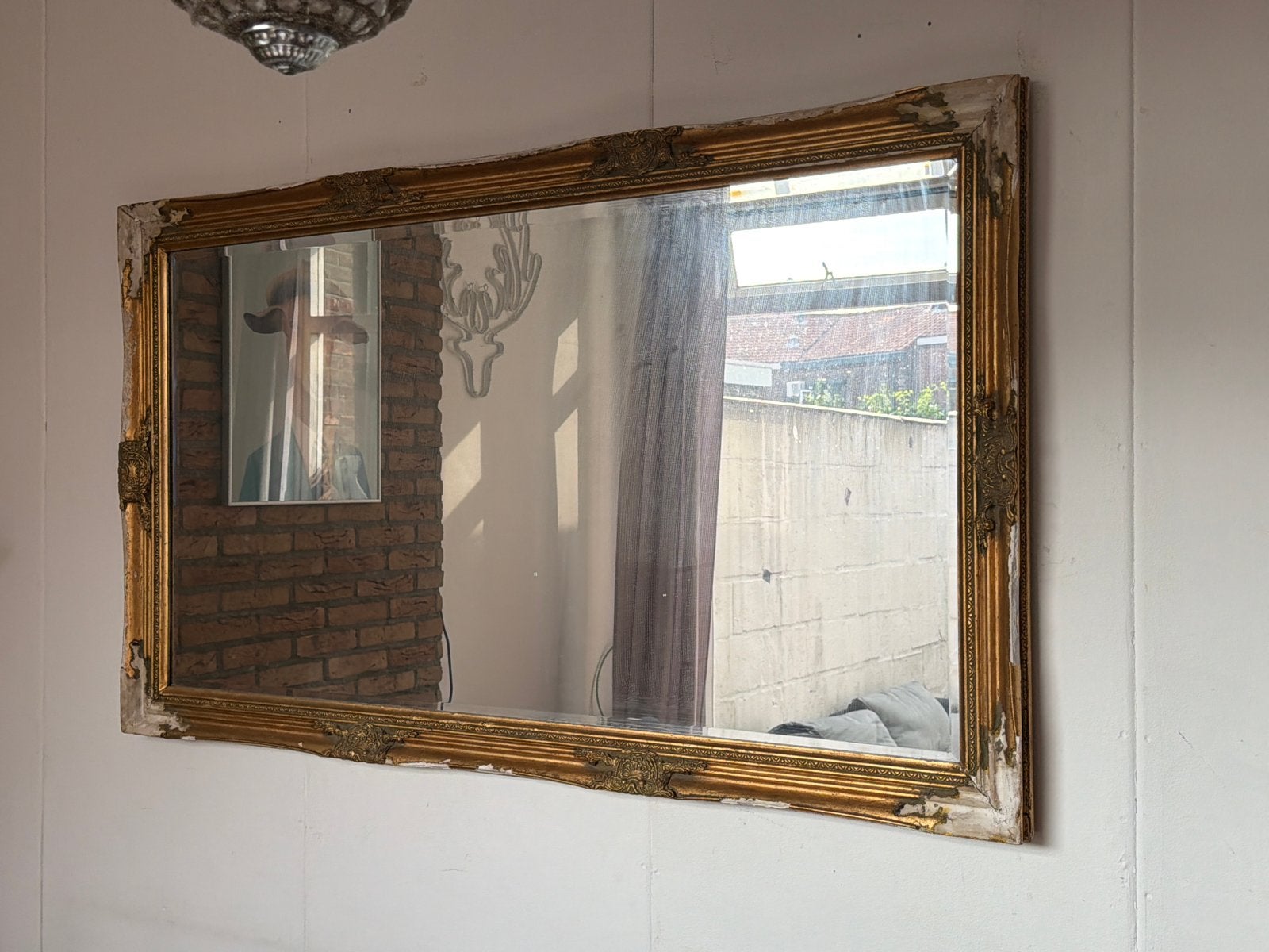 Grote antieke spiegel met gouden lijst, Ophalen, Rechthoekig, 100 tot 150 cm