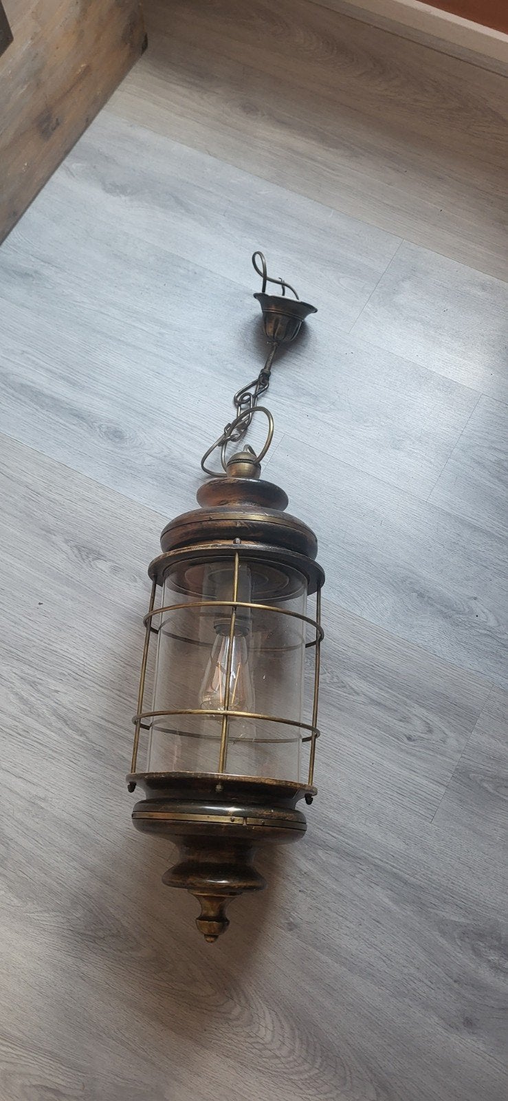Antieke scheepslamp / hanglamp - messing en hout, Ophalen