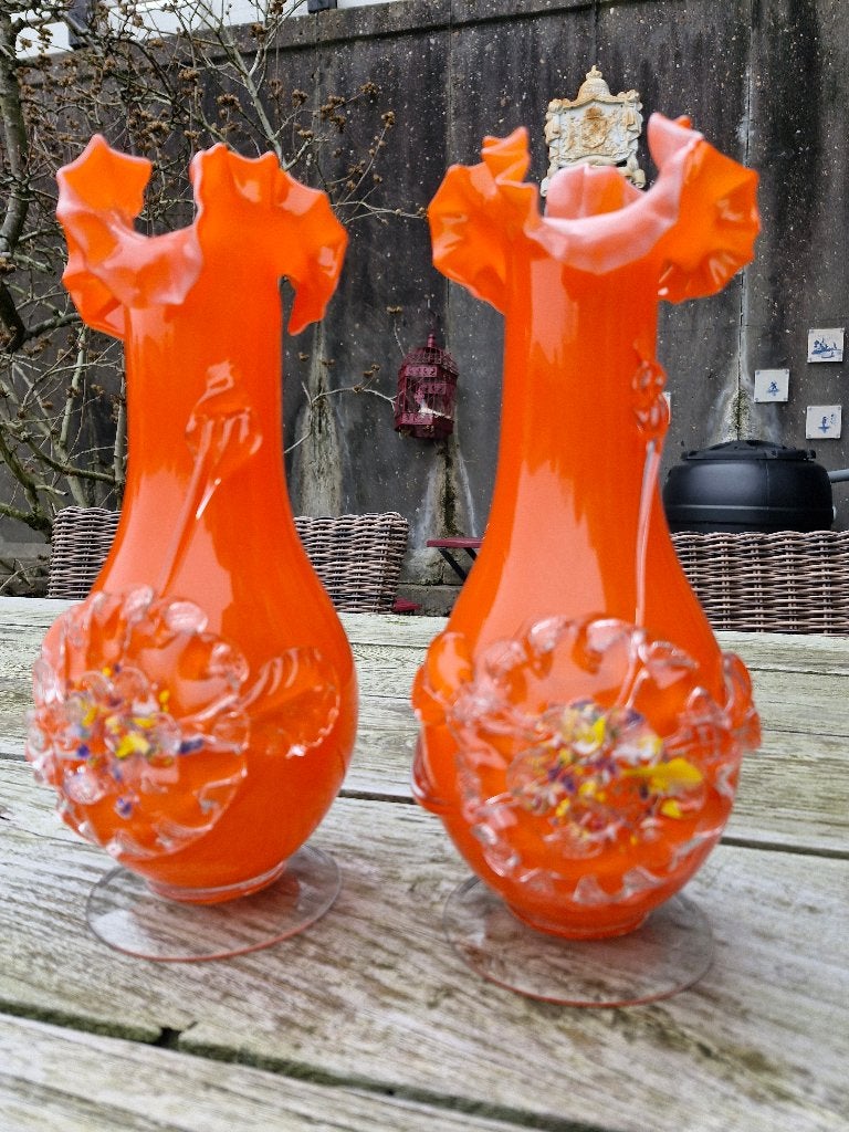 2 grote vazen murano glas oranje, 31 cm, Verzenden, Oranje, Glas