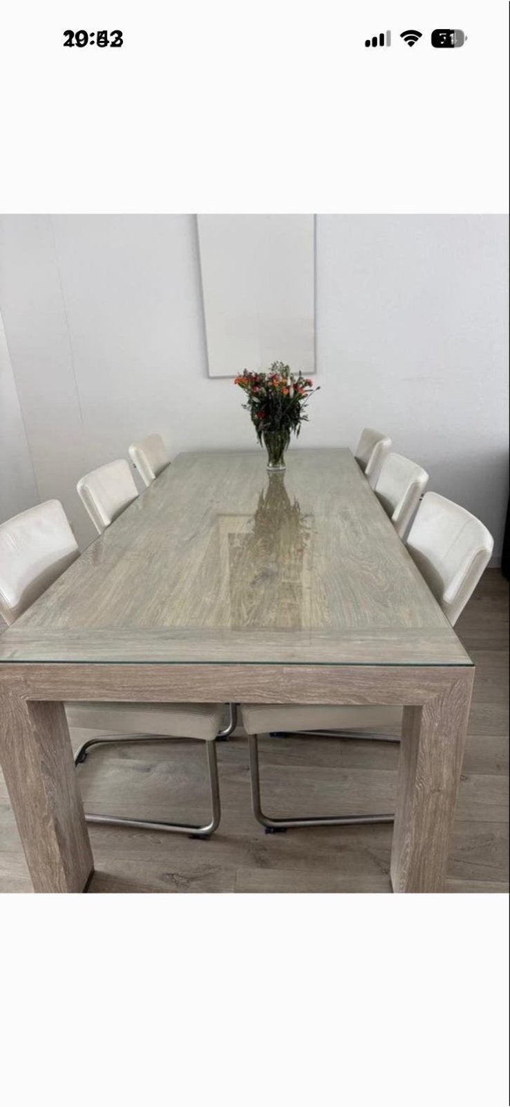 GRATIS, houten tafel met glasplaat 6 personen, Ophalen, Gebruikt, 100 tot 150 cm, 200 cm of meer