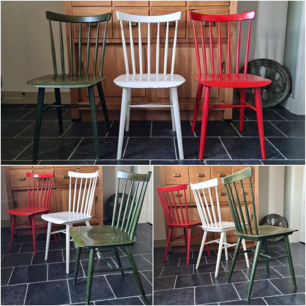 Spijlenstoel, keukenstoelen, stoelen, ligna jaren 60/70, Ophalen, Gebruikt, Hout, Drie