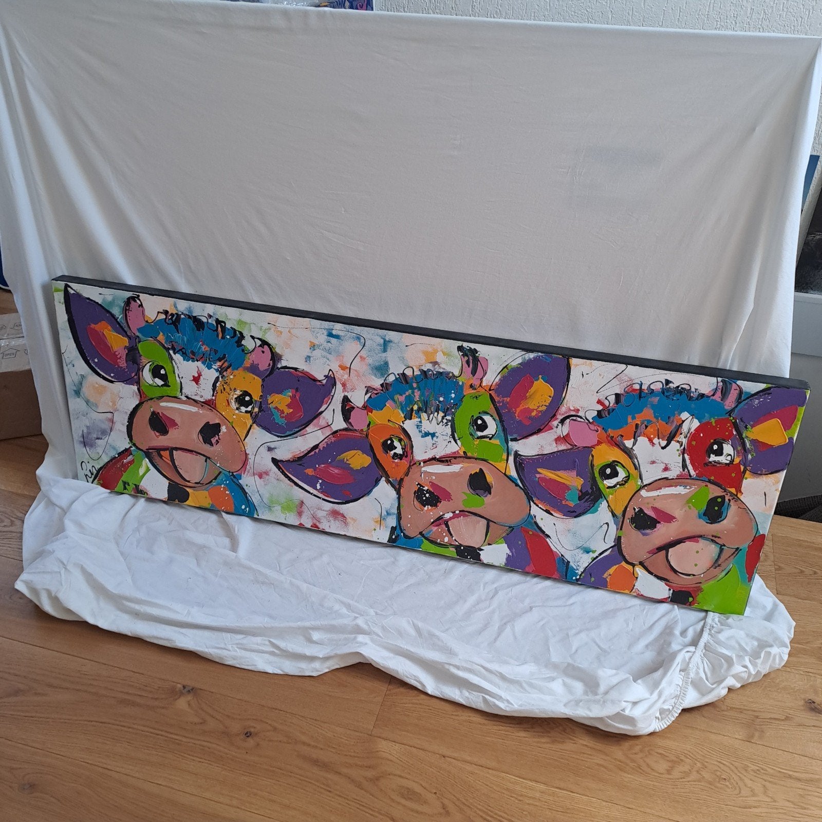 Gekke koeien schilderij 150x50cm, Antiek en Kunst, Kunst | Schilderijen | Modern, Ophalen of Verzenden