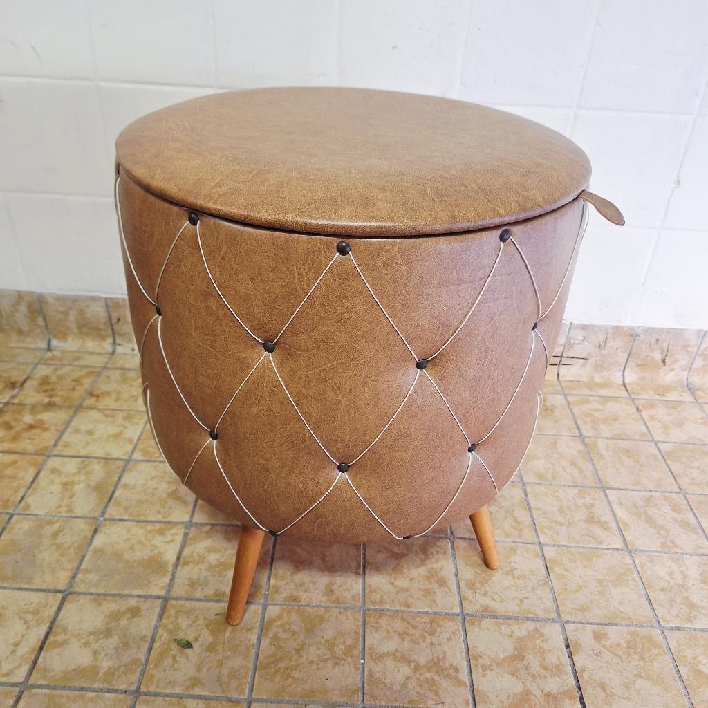 Jaren 50 / Jaren 60 Poef / Bruin Kunstleer, Minder dan 50 cm, Gebruikt, Retro Vintage, -