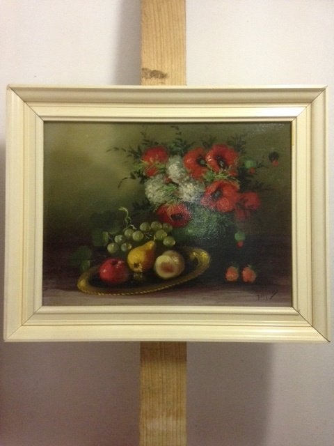 Bloem/fruit stilleven (Tilly Moes, 1899 - 1979), Bloemen, Paneel, Olieverf, Klassiek