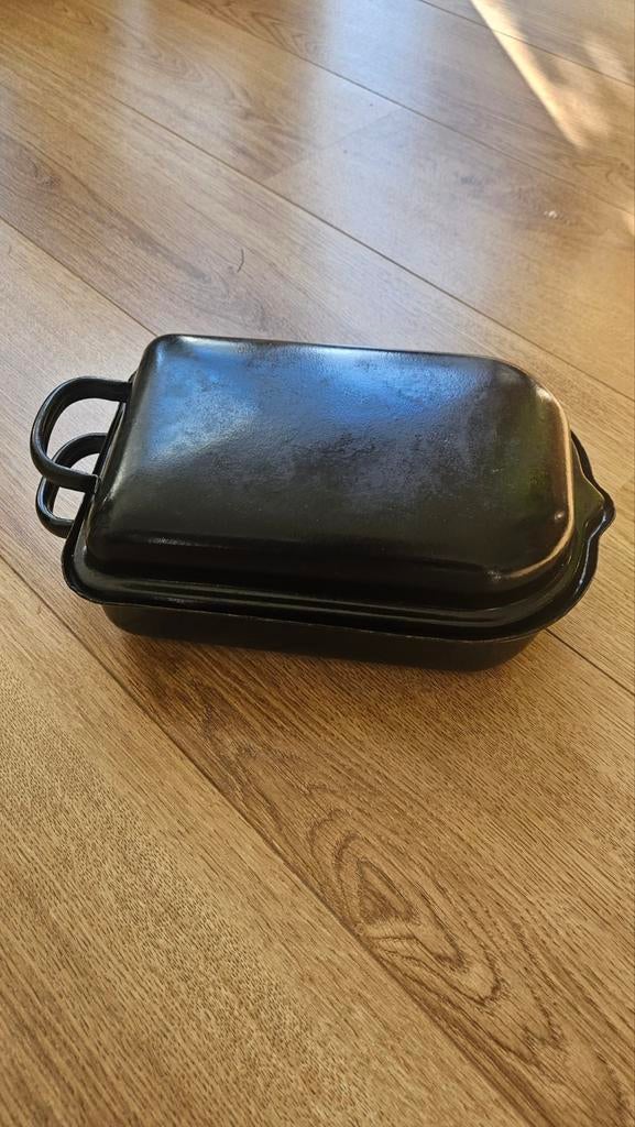 Vintage Zwarte Emaille Bräter / Braadslede met Deksel - DDR, Antiek en Kunst, Ophalen of Verzenden