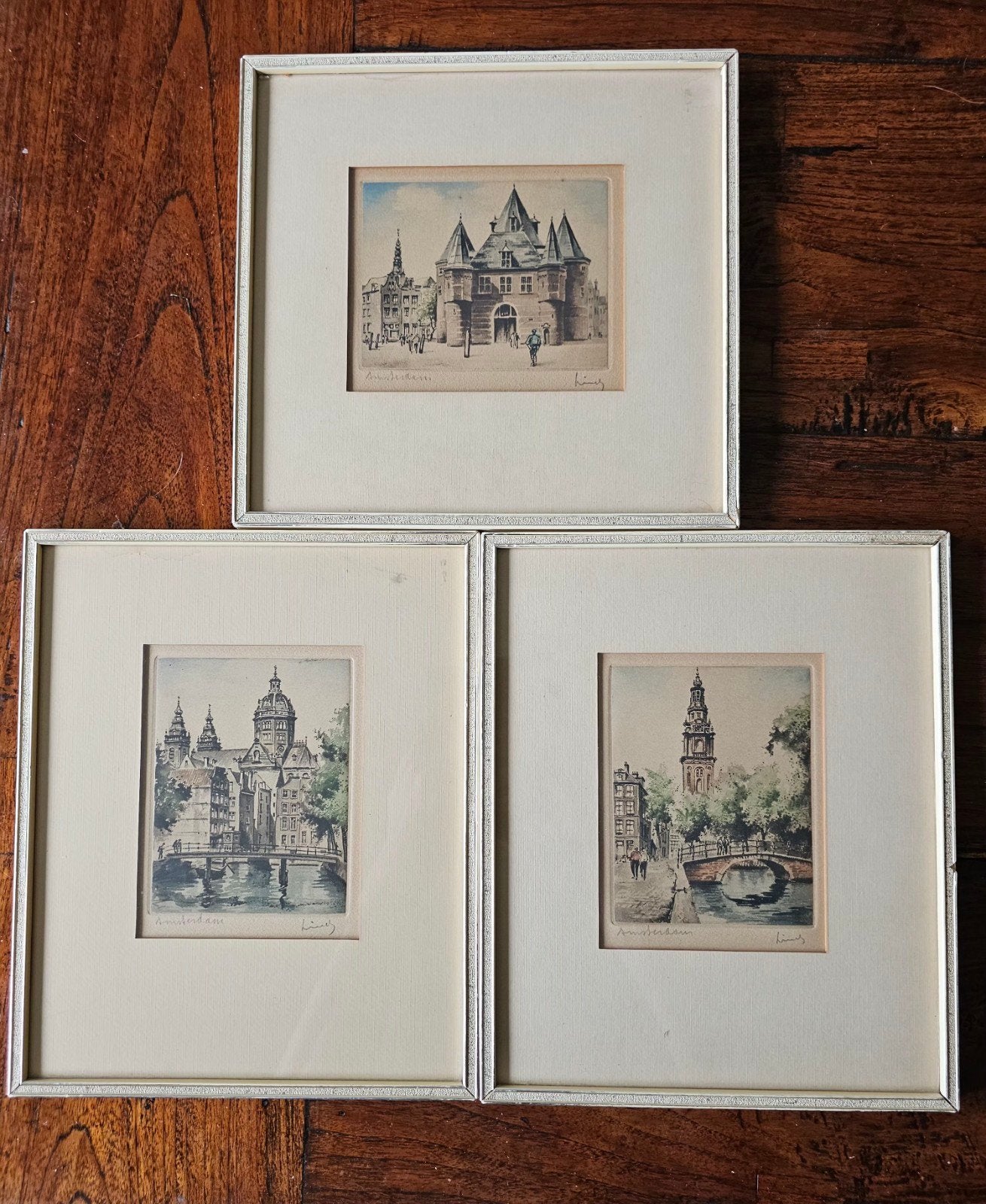 Handgekleurde etsen Amsterdam, antiek., Antiek en Kunst, Ophalen of Verzenden, Stadsgezicht, Ets, Ingelijst