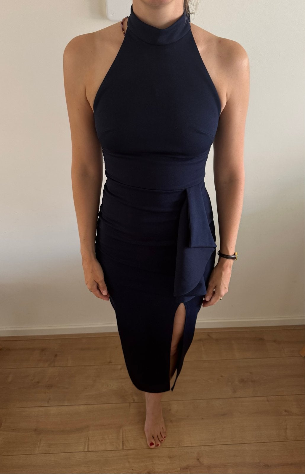 True Violet Halter Midi Jurk met Split - Maat 36 (S), Kleding | Dames, Jurken, Zo goed als nieuw, Maat 36 (S), Blauw, Onder de knie