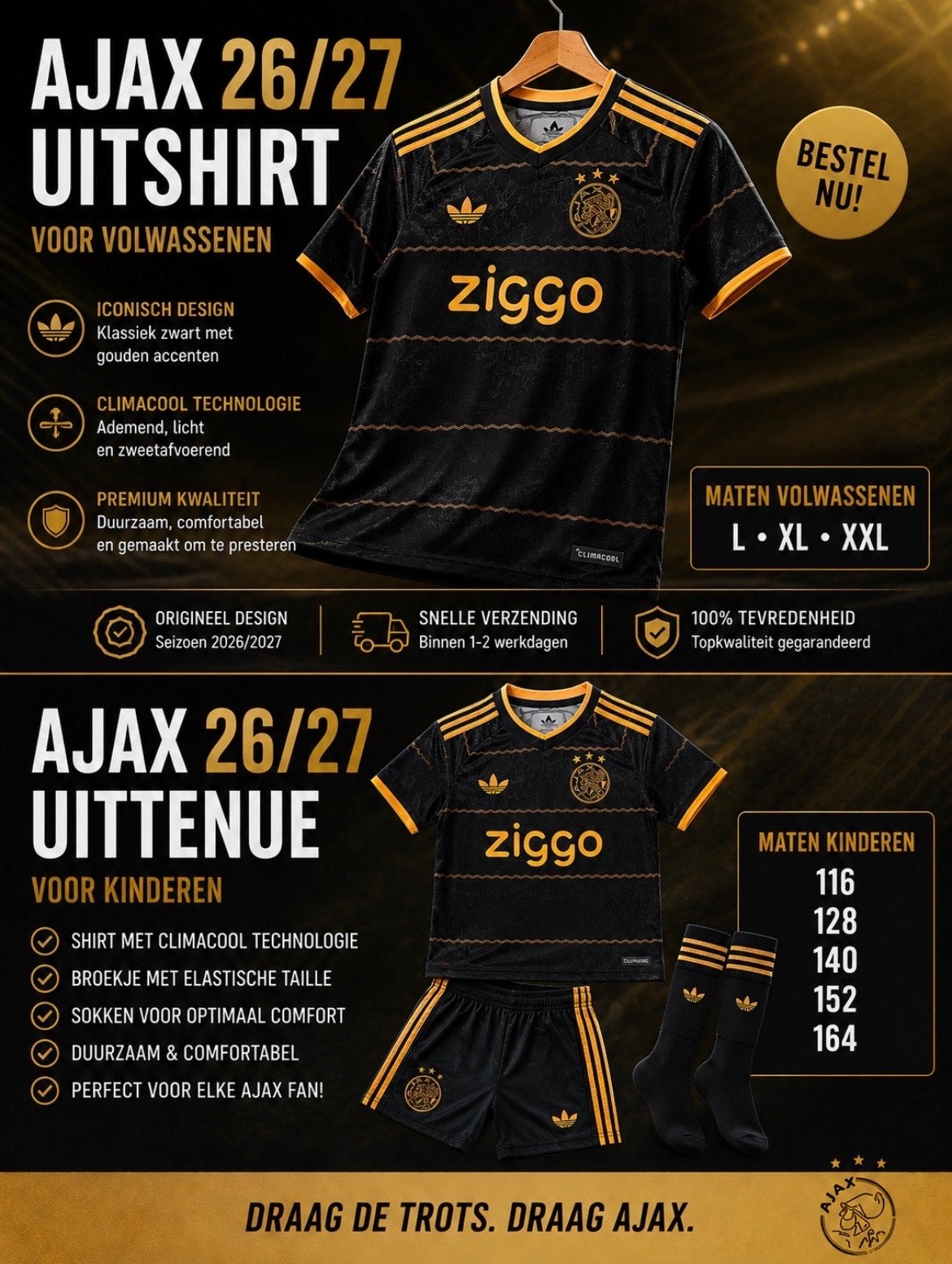 Ajax 26/27 Uitshirt Volwassenen & Tenue Kinderen, Zwart, Nieuw, Overige maten, Ophalen of Verzenden