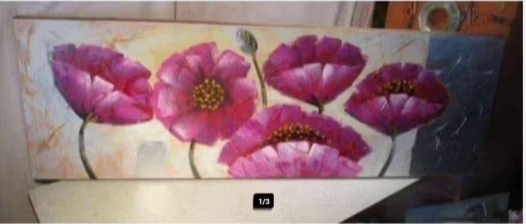Prachtig Geschilderd Werk 'Lila Bloemen' - 120x40, Ophalen of Verzenden