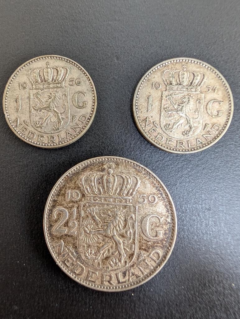 Rijksdaalder (1959) en 2x gulden (1954 en 1956), Postzegels en Munten, Munten | Nederland, Koningin Juliana, Zilver, Ophalen of Verzenden