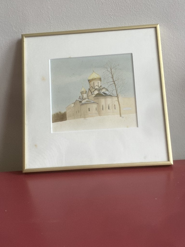 Aquarel - besneeuwd Russisch kerklandschap met koepels., Antiek en Kunst, Ophalen of Verzenden