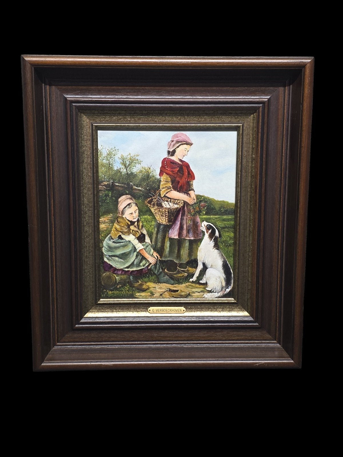 Olieverfschilderij G. Verboeckhoven - Hollands tafereel, Ophalen of Verzenden