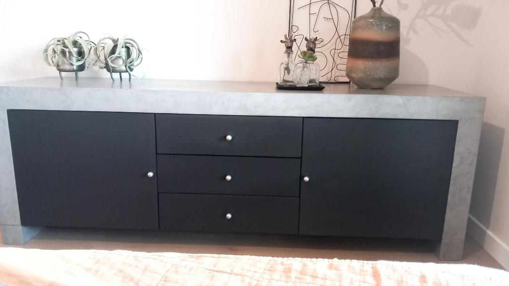 Design dressoir metaal zink, deuren en laden antraciet, Huis en Inrichting, Met deur(en), Zo goed als nieuw, 200 cm of meer, 50 tot 75 cm