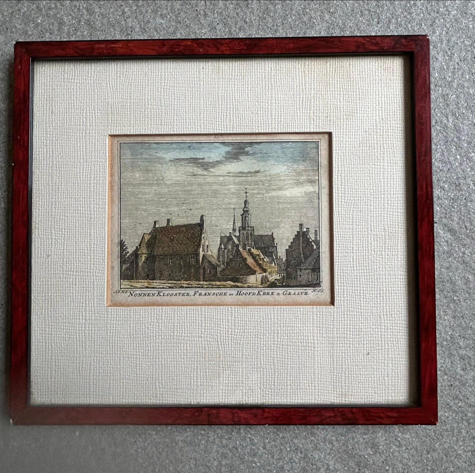 Antieke ets Grave: Nonnenklooster, Fransche en Hoofd Kerk, Ingelijst, Ets, Stadsgezicht, Ophalen of Verzenden