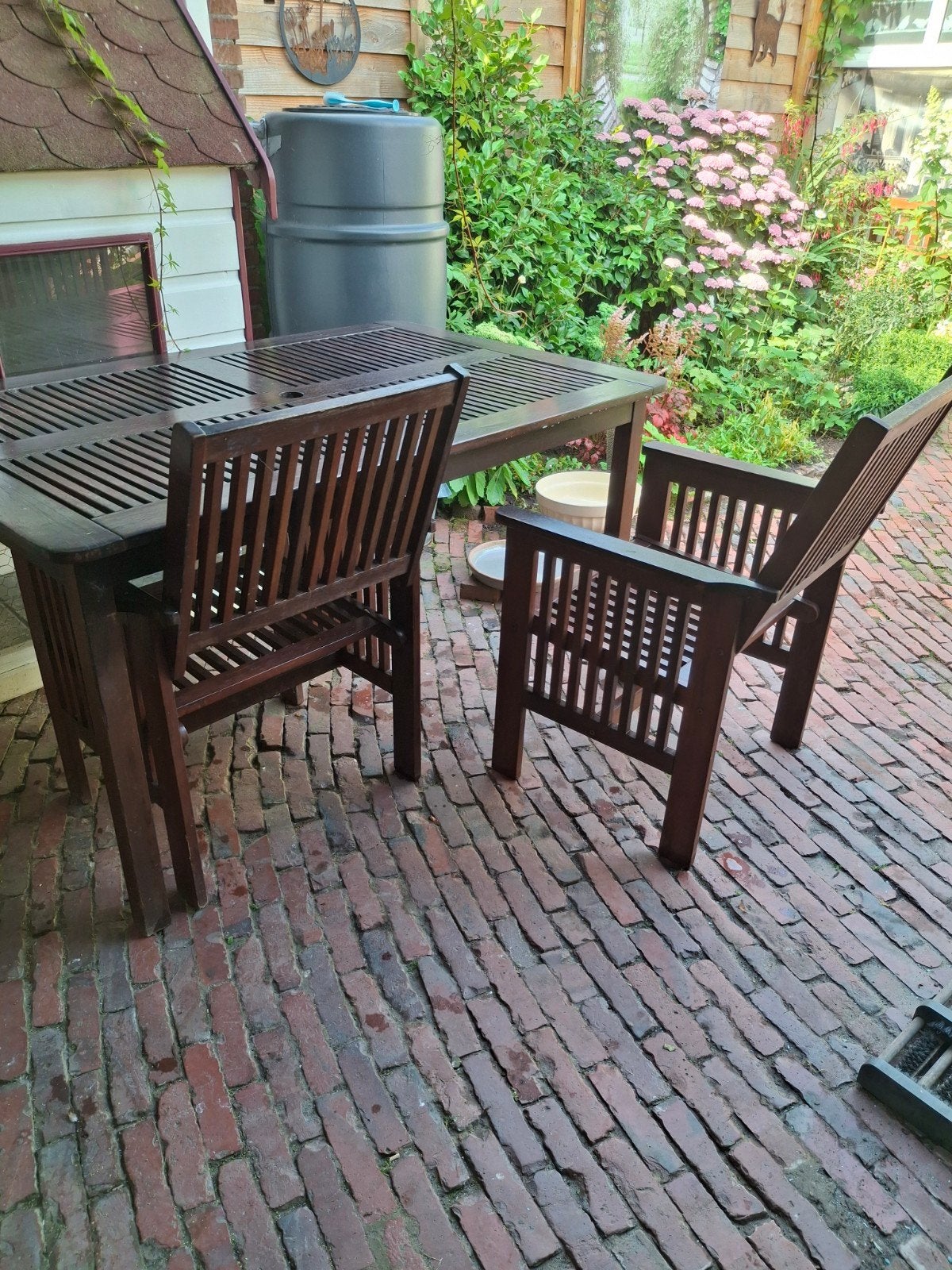 Houten tuinset met 2 stoelen en tafel, 2 zitplaatsen, Gebruikt, Ophalen of Verzenden, Tuinset