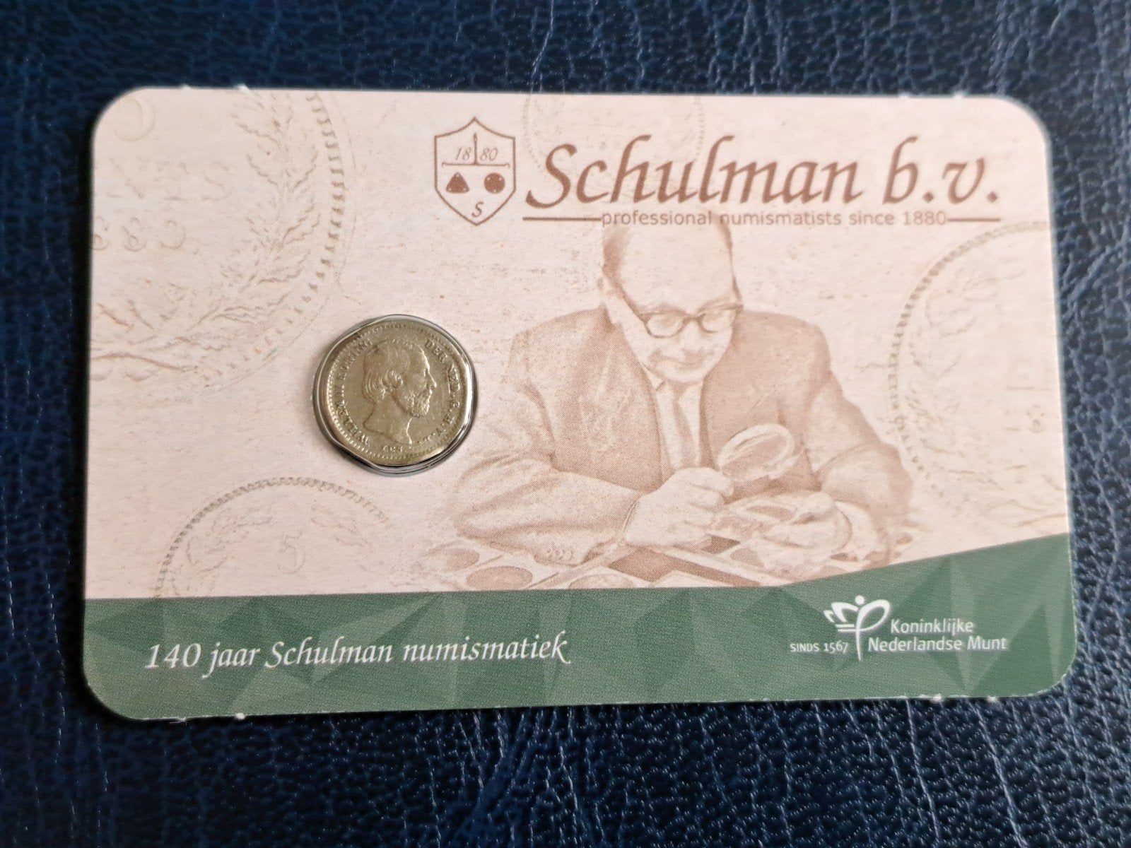 140 jaar Schulman Numismatiek coincard met 1855, Ophalen of Verzenden, Koning Willem III, 5 cent, Zilver