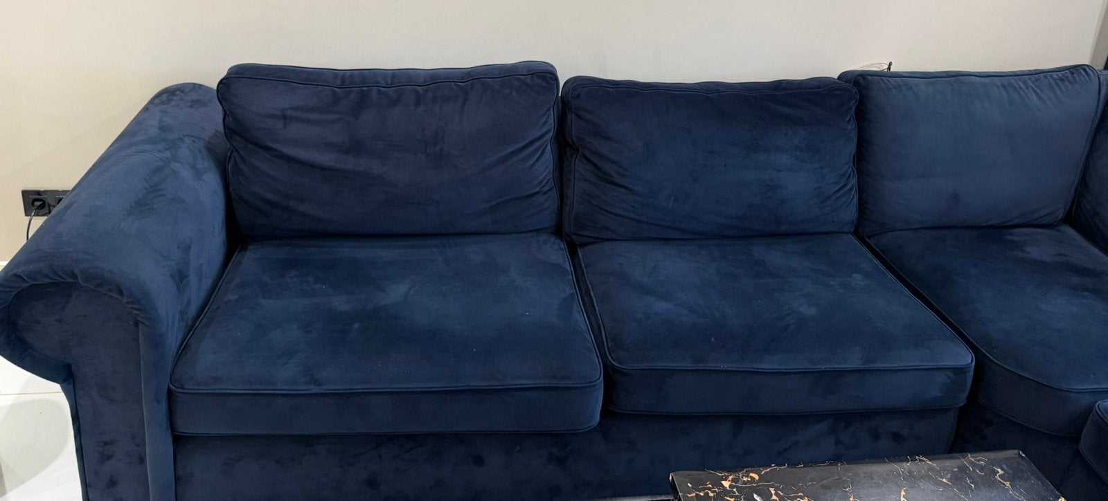Luxe op maat gemaakte U-hoekbank 320x320–Donkerblauw velours, Ophalen, Hoekbank, Zo goed als nieuw, Stof