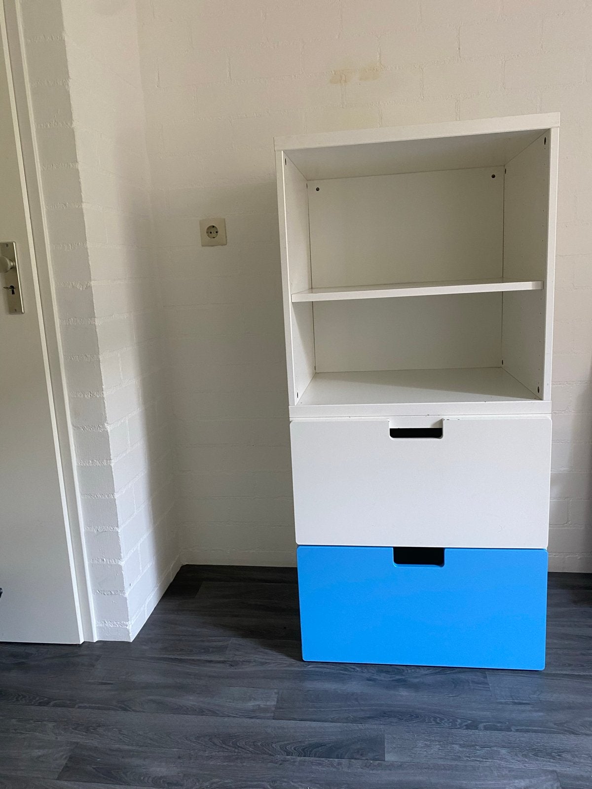 Witte Ikea kast Stuva met blauwe lade en open vakken, Ophalen, Gebruikt, 105 cm of meer, Minder dan 50 cm