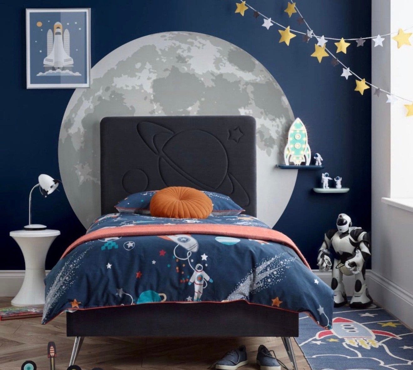 Bed met ruimte thema - Grijs, Ophalen, 85 tot 100 cm, Gebruikt, Lattenbodem