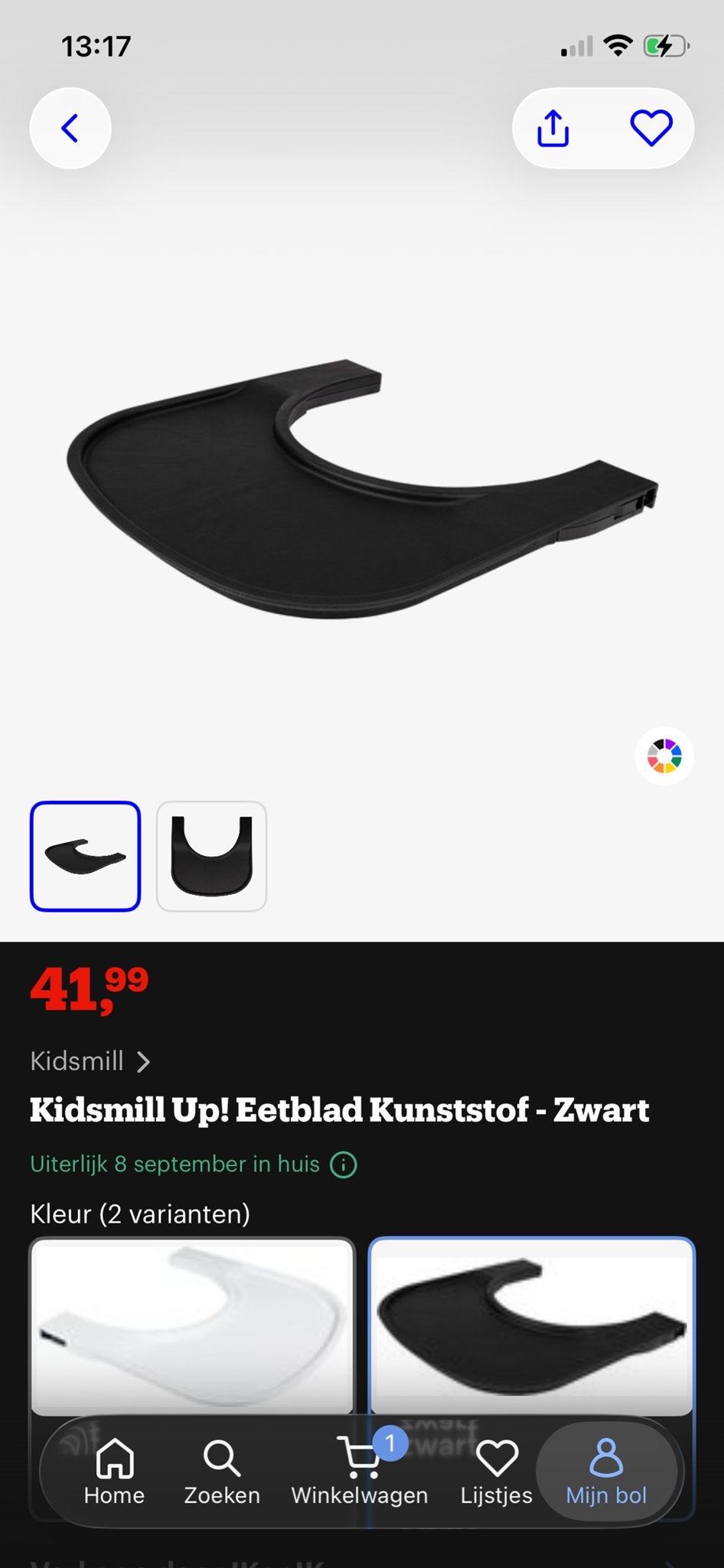Kidsmill Up! Eetblad Kunststof - Zwart NIEUW IN DOOS, Ophalen, Zo goed als nieuw, Overige typen, Afneembaar eetblad