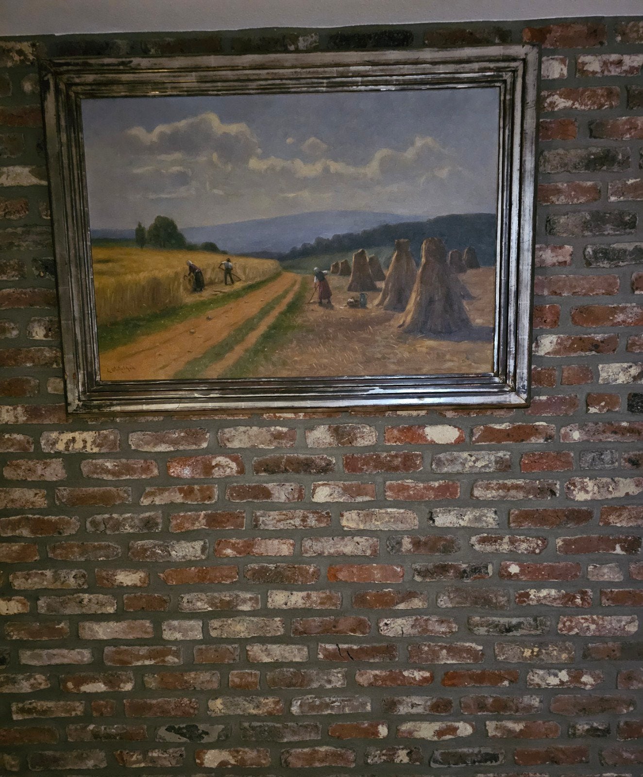 Schilderij oogst 129cm br en 94cm h is op doek geschilderd., Ophalen, Bijzondere lijst, Landschap, Doek