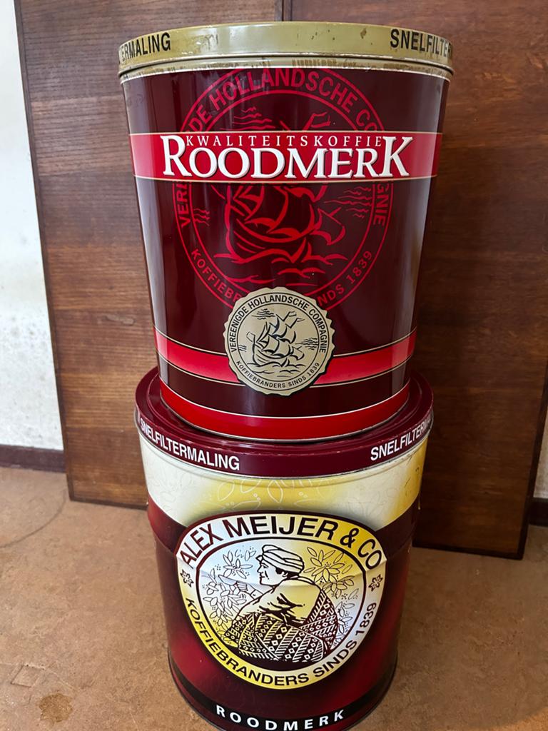 Vintage koffie blikken Roodmerk & Alex Meijer & Co set van 2, Ophalen, Gebruikt, Koffie