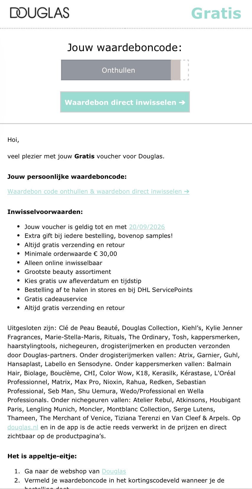 Douglas gratis cadeau bij aankoop, Eén persoon, Kortingsbon