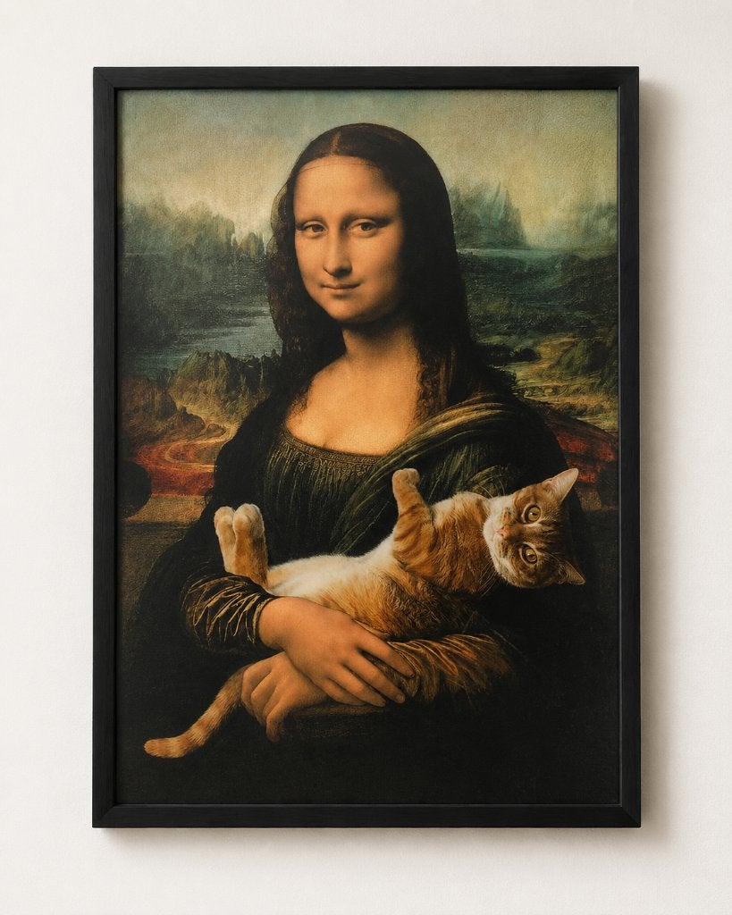 Ingelijste Mona Lisa met kat – grappige kunstprint in lijst, Antiek en Kunst, Kunst | Schilderijen | Klassiek, Ophalen, Overige stijlen