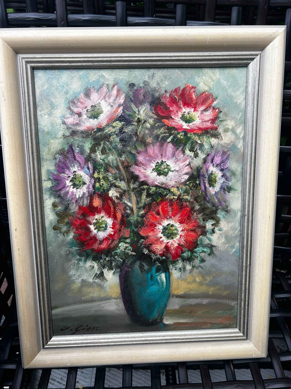Vintage olieverfschilderij bloemen in vaas, gesigneerd, Ophalen of Verzenden