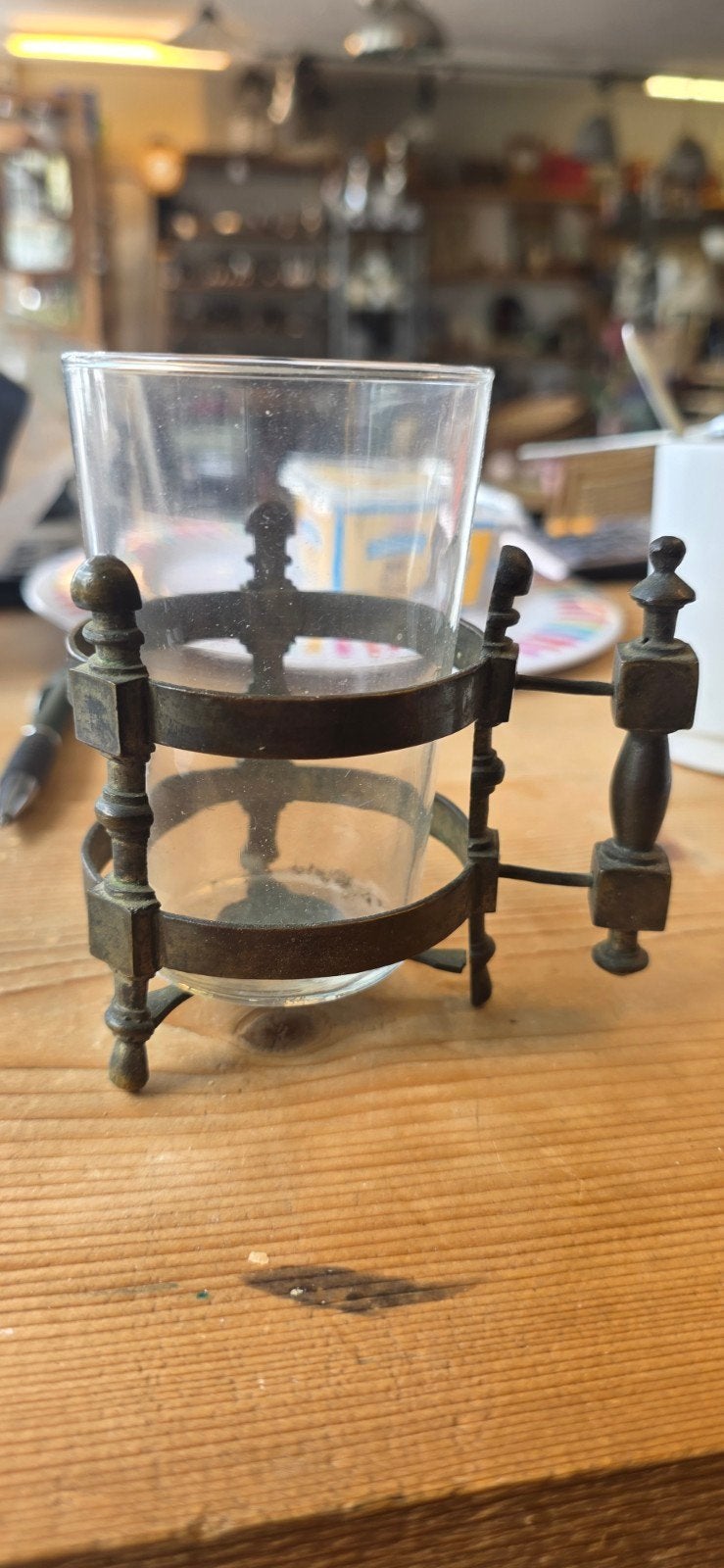 Antieke theeglashouder met glas - Messing, gemerkt, Ophalen