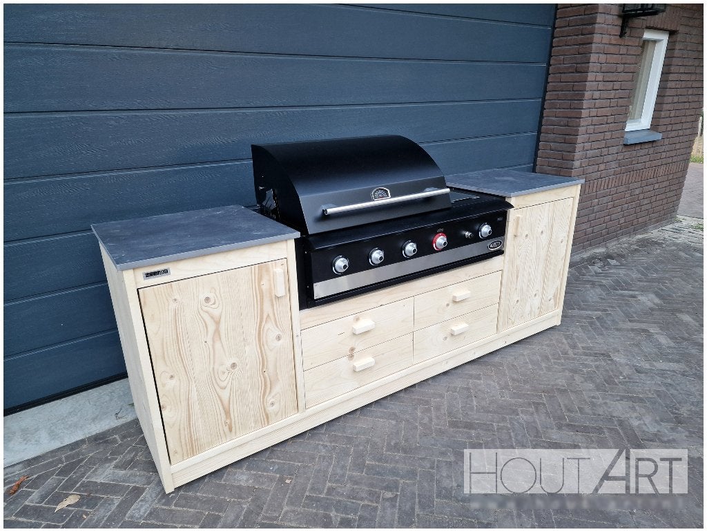 Buitenkeuken Boretti Luxe met lades en deuren steigerhout, Houtskool, Vrijstaand, Info@hout-art.nl, Nieuw