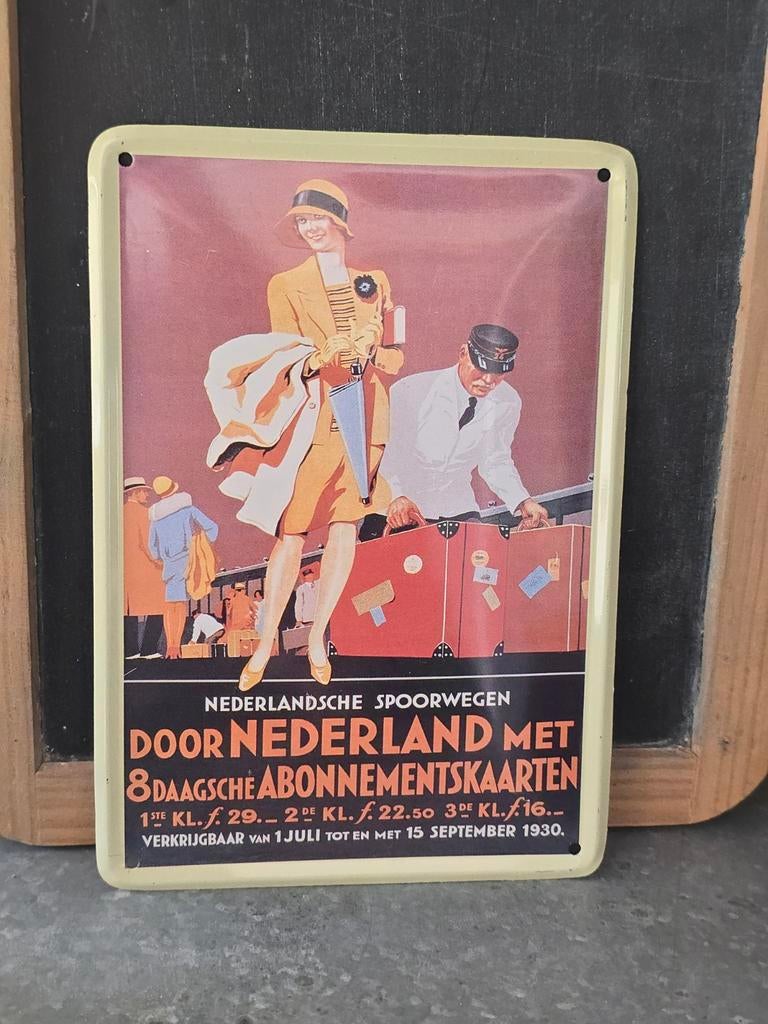 Vintage reclamebord van de Nederlandsche Spoorwegen €7,50, Verzamelen, Spoorwegen en Tramwegen, Ophalen of Verzenden, Gebruikt