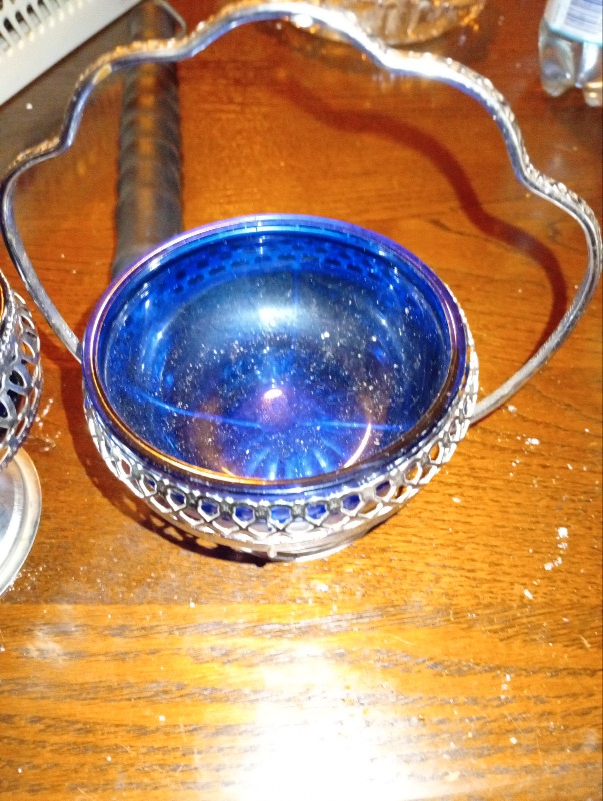 Antieke blauwe glazen schaaltjes in zilveren houders, Antiek en Kunst, Ophalen of Verzenden