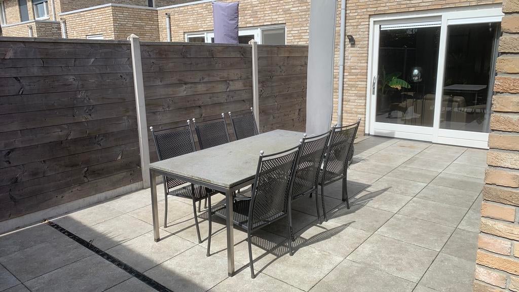 Zeer degelijke tuinset met natuursteen blad, Tuin en Terras, Tuinsets en Loungesets, Ophalen, 4 zitplaatsen, Gebruikt, Eettafel