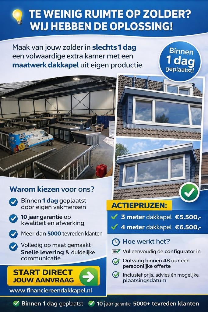 Dakkapel  : 400 x 150 € 6500 / €150 per ( geen aanbetaling), Garantie