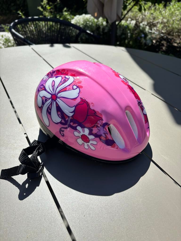 Roze kinderfietshelm met bloemen, maat 50-54 cm, Ophalen, Gebruikt, Overige maten, Meisje