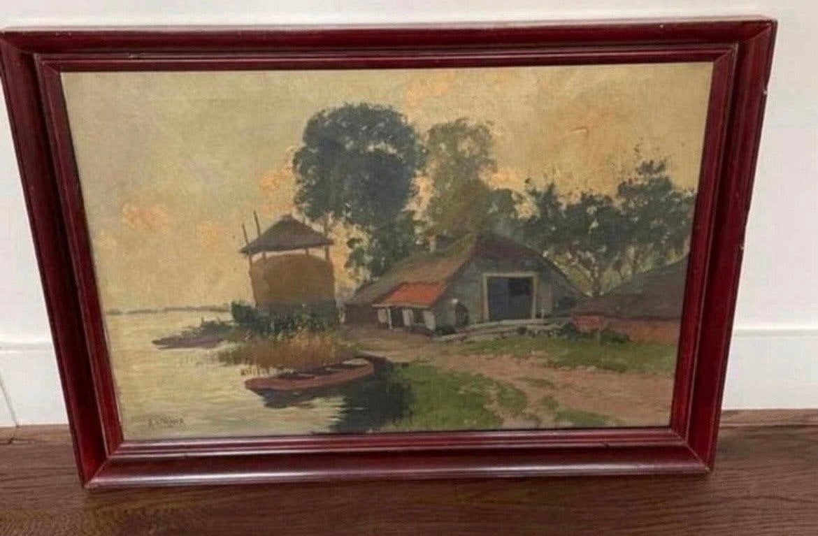 Oud Hollands Landschap Schilderij met Boerderij en Water, Doek, Oud hollands, Ophalen of Verzenden, Gesigneerd