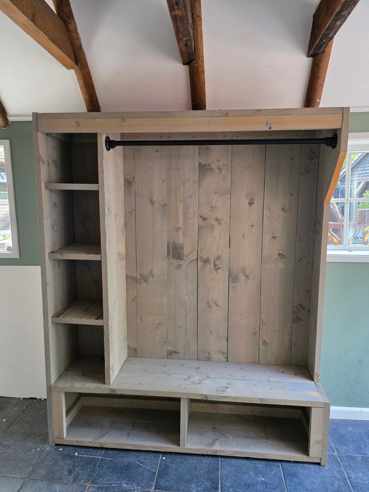 steigerhouten kapstok met planken en hangruimte, Ophalen, 100 tot 150 cm, Met plank(en), Zo goed als nieuw